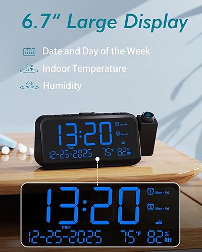 Miniatura 4 de Roxicosly - Despertador de proyección para techo de dormitorio, 118 dB súper fuerte para personas que duermen mucho, pantalla digital grande de 6.7