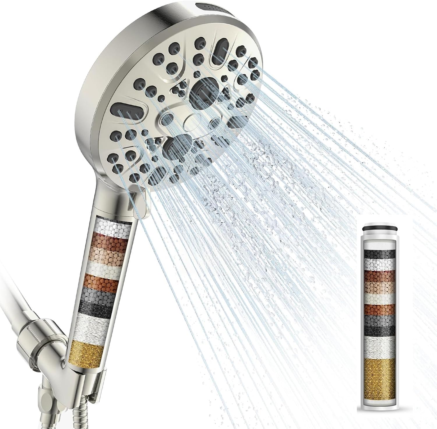 Cobbe High Pressure 7 Spray Mode Showerhead with Filters + Cobbe 1 Pack Replacement Filters (Brushed Nickel)