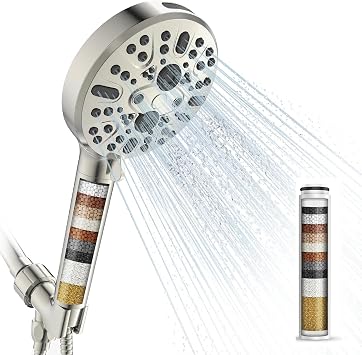 Cobbe High Pressure 7 Spray Mode Showerhead with Filters + Cobbe 1 Pack Replacement Filters Brushed Nickel