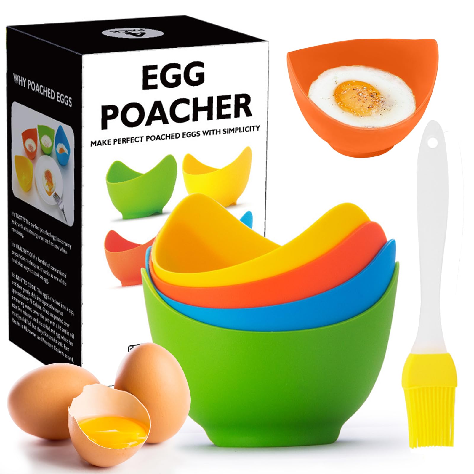 Poached Egg Cooker - Egg Poaching Cups, Non-Stick Silicone, Microwave & Stovetop, 4 Pack, BPA Free