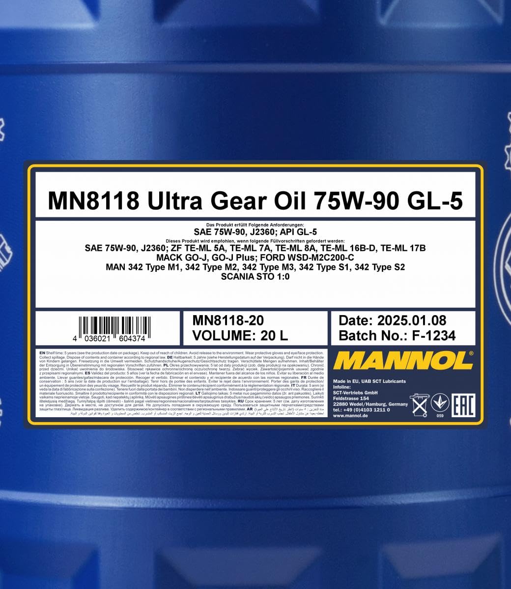 MANNOL 8118 Ultra Gear Oil Getriebeöl 75W-90 GL-5 teilsynthetisch, 20L
