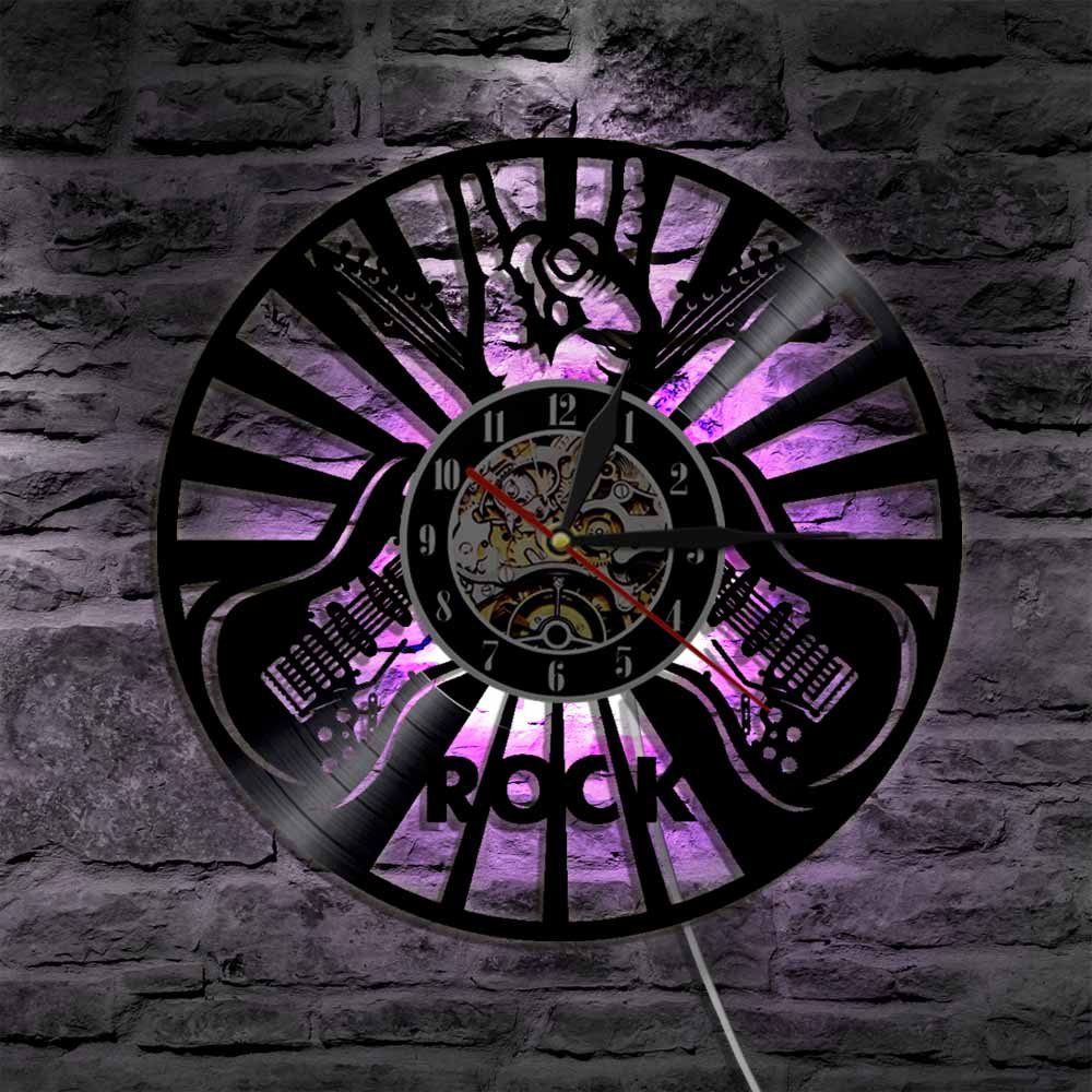 Rock Hand Sign Wall Art Orologio da parete Design moderno Sala da musica Decorazione da parete Orologio da record in vinile Amante della musica rock Chitarristi Regalo Regali per la festa della mamm