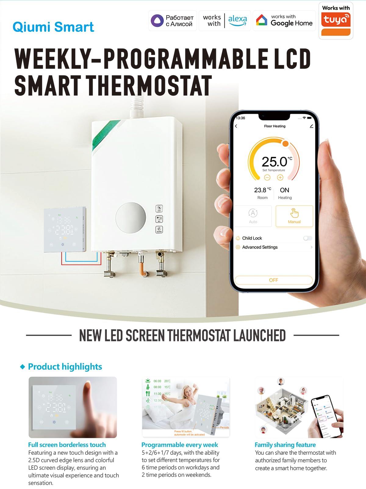 WiFi Termostato Regolatore di Temperatura Smart Life APP Telecomando per Riscaldamento Elettrico Compatibile con Alexa Google Home, Bianco Font Display