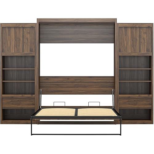 REALROOMS Halstead Queen Size Murphy Bed with 2 Nightstand Cabinets, Space-Saving Fold-Out Wall Bed with Open Shelving and Concealed Storage for Bedroom or Guest Room, Walnut
