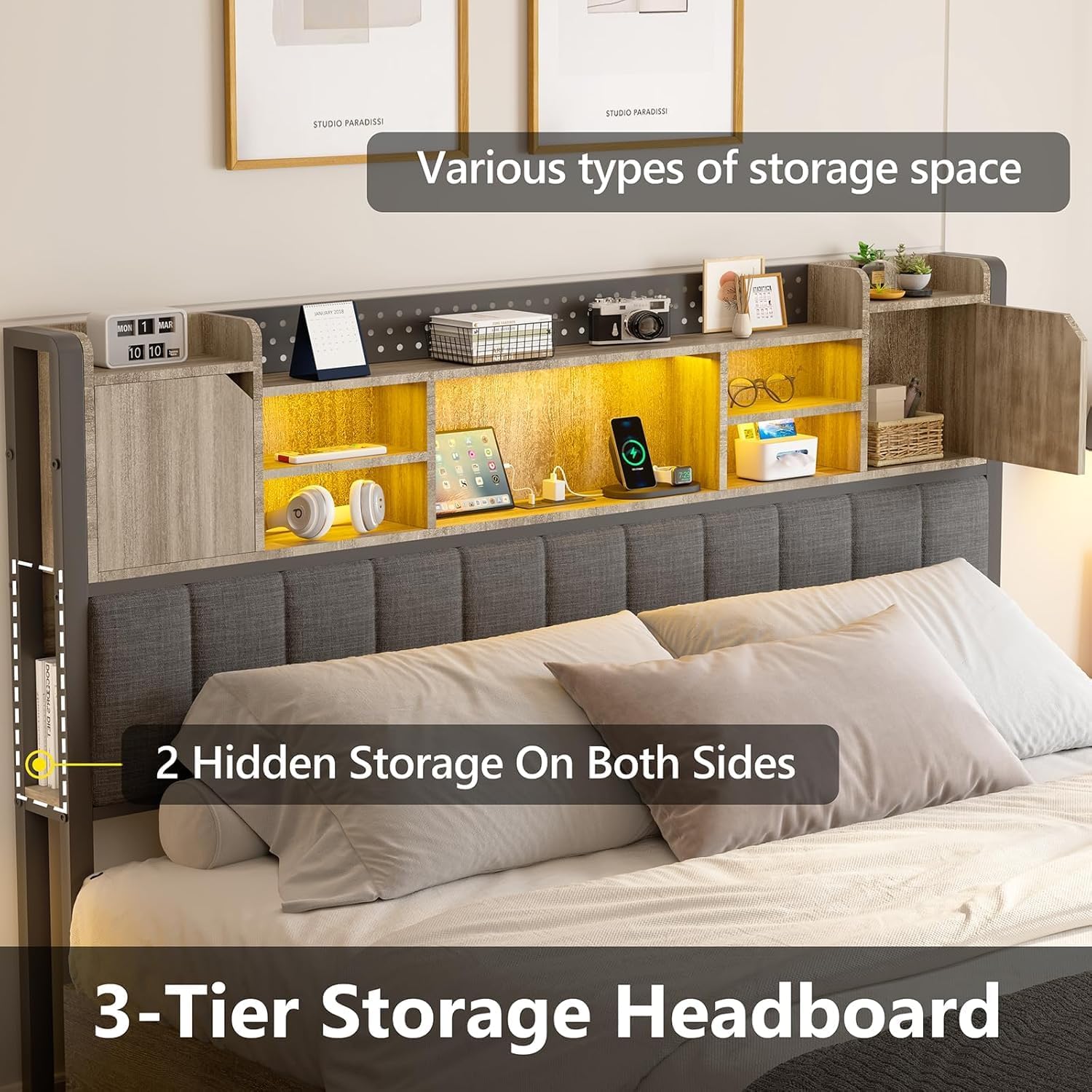 Headboard charging station with AC, USB, and Type-C ports