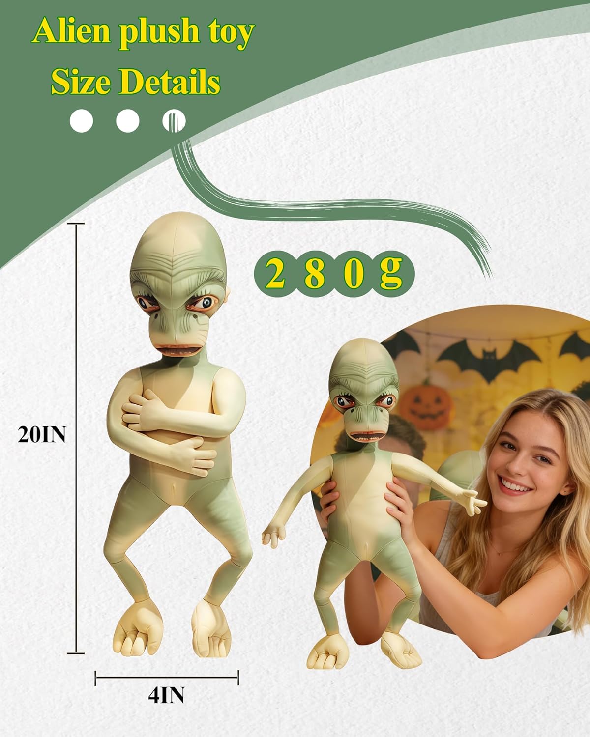 20 Inch Tall Alien Plush Toy, Stuffed Animal ，Cuddly Alien Soft Toy Suitable for All Ages Toy Figure，Birthday Party Favors for Boys and Girls, Stress Relief Toys for Kids and Adults (Green)