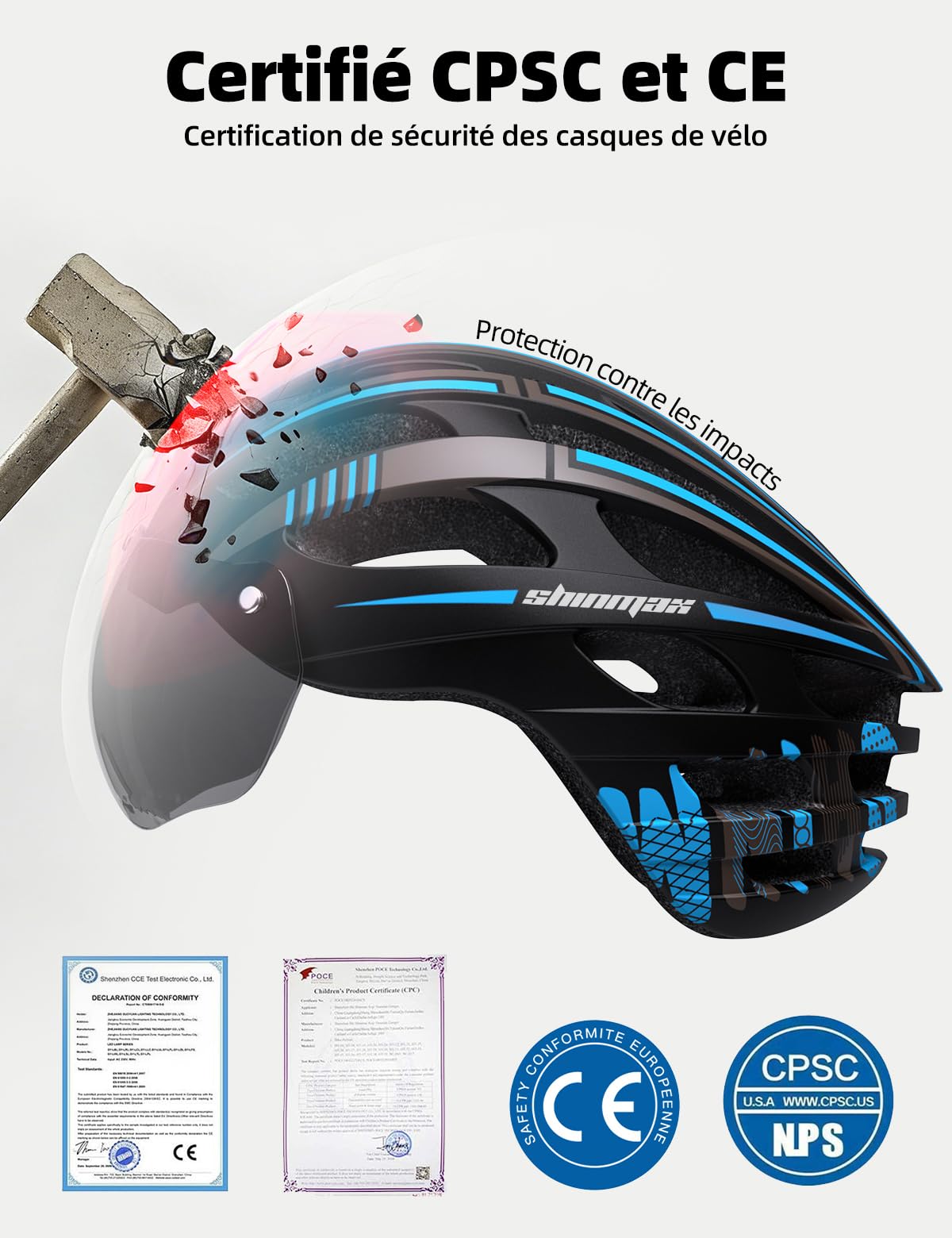 Shinmax Casque Vélo Homme Femme avec Lumière USB Visière Magnétique Certifié CE 57-62CM RC-049