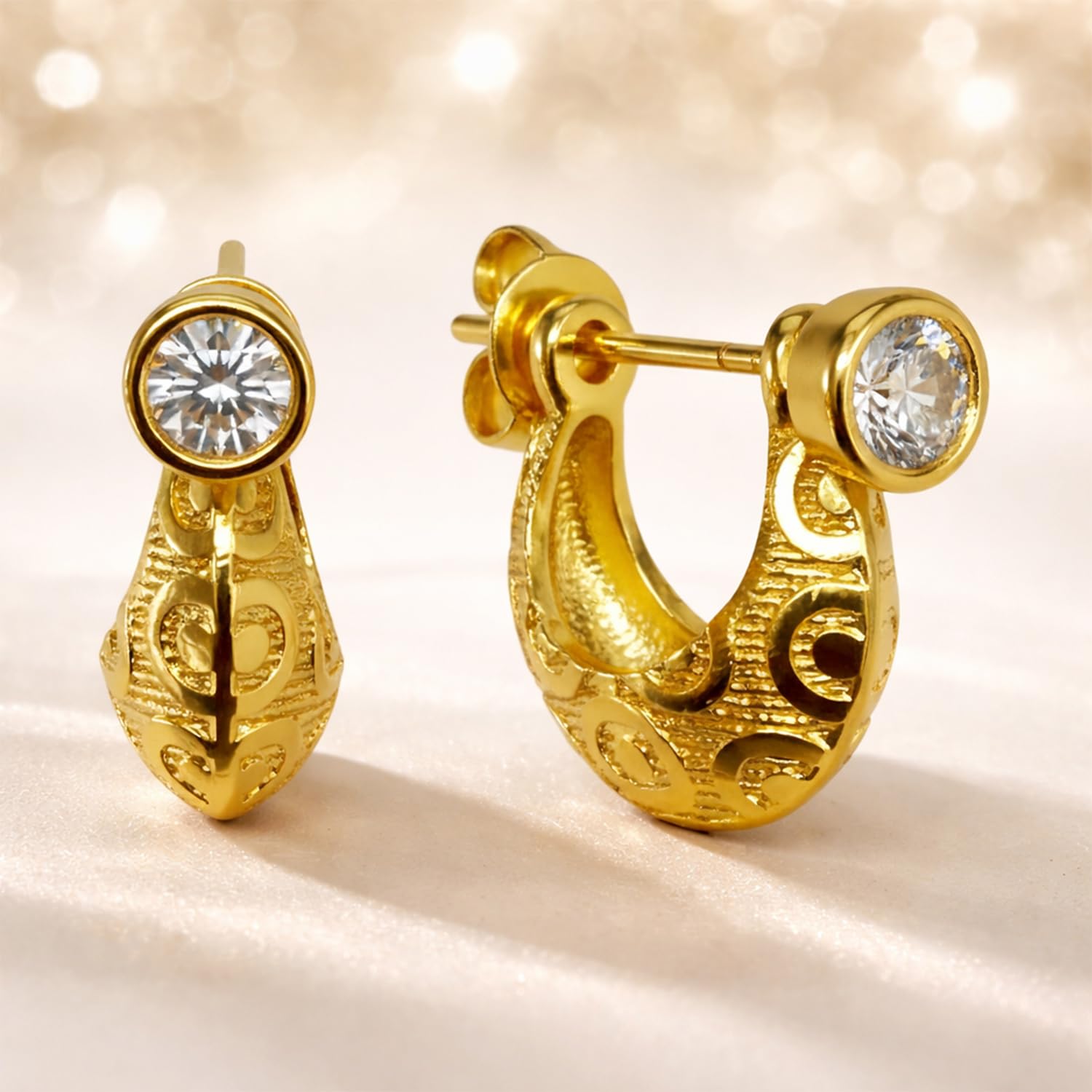 VAMA FASHIONS 18K Gold Plated Anti Tarnish Crystal Stone Round Big Textured Design Kaju Bali Stud Huggie Hoop Ear Rings Piercing Kan Ki Baali Hoops Earrings For Men 2