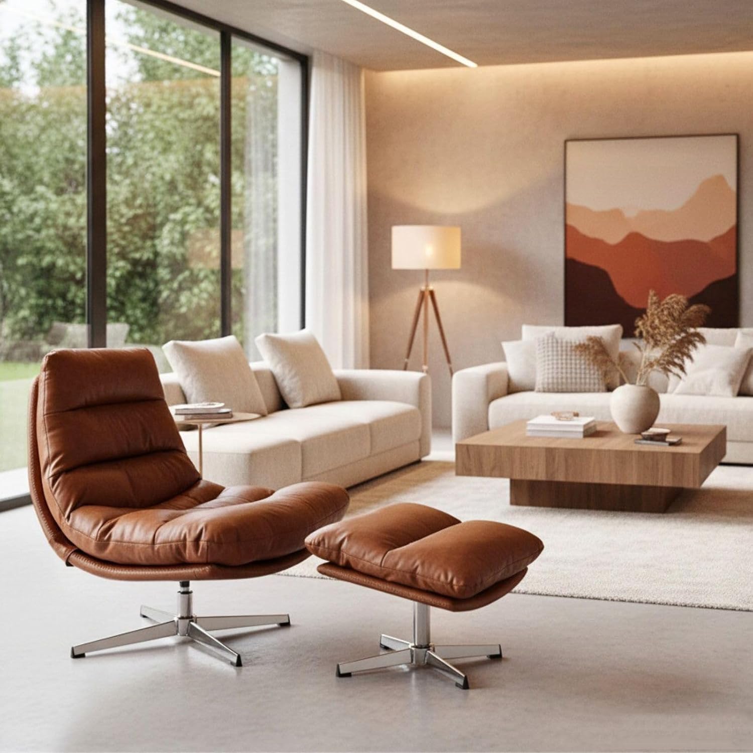 Modern Swivel Accent Chairs with Ottoman Set of 2, PU Leather Oversized Armless Reading Chairs with Footrest, 33'' Wide Upholstered Lounge Chairs with Footstool for Living Room Bedroom Comfy, Brown