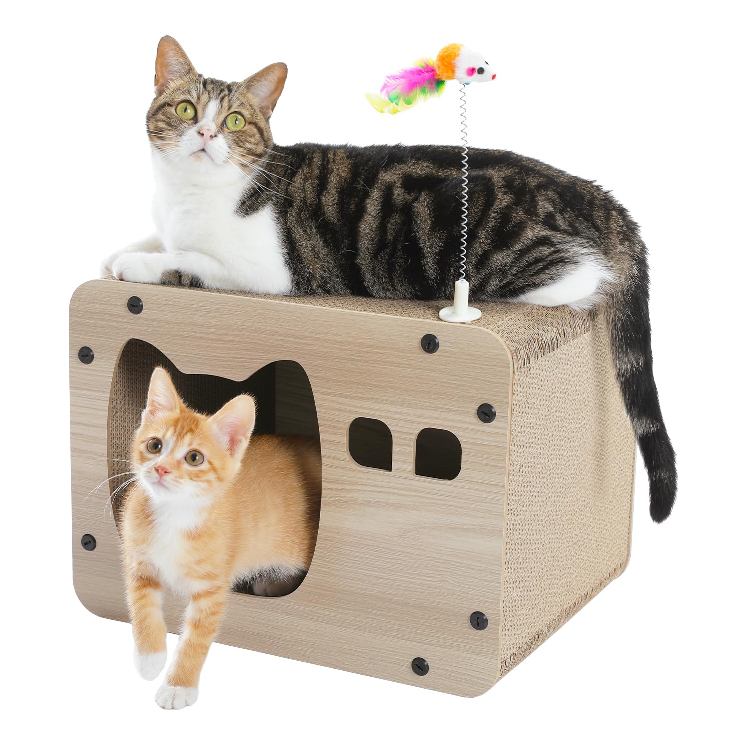 PAWZ Road Cat Scratcher Board Corrugated 2 in 1 Cat Scratching House All Sided Use Scratching Pad with Spring Mouse Toy for Indoor Cats