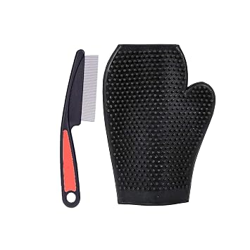 Royale Dog Toothed Flea Comb Cleaning Grooming Brush Hair Tool with Glove (Color May Vary)