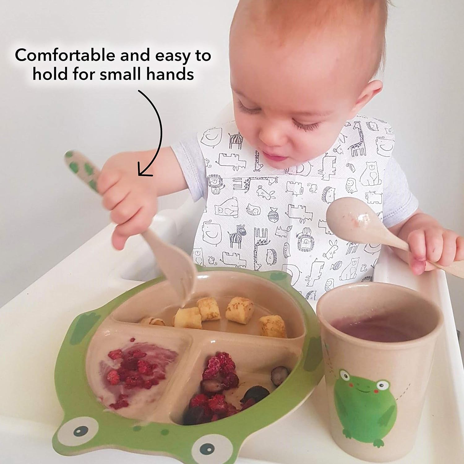 Nuby Eco-Friendly Natural Rice Husk Spoon and Fork Set- 2 Piece Set, Frog Print, 6+ Months- Fully Compostable and Biodegrable (Pack of 2)
