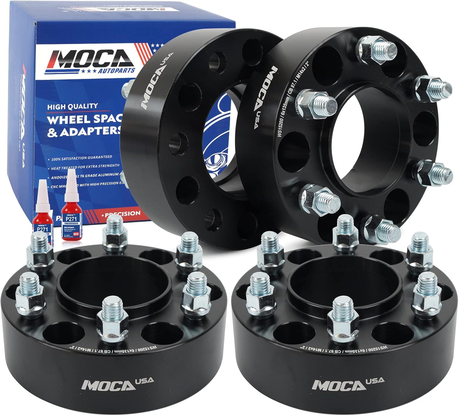 MOCA 50.8mm 6x135 Hubcentric Wheel Spacers (87.1mm Bore) - M14x2 Studs Compatible with Ford Expedition F-150, & for Lincoln Mark LT Navigator (Black, Pack of 4)