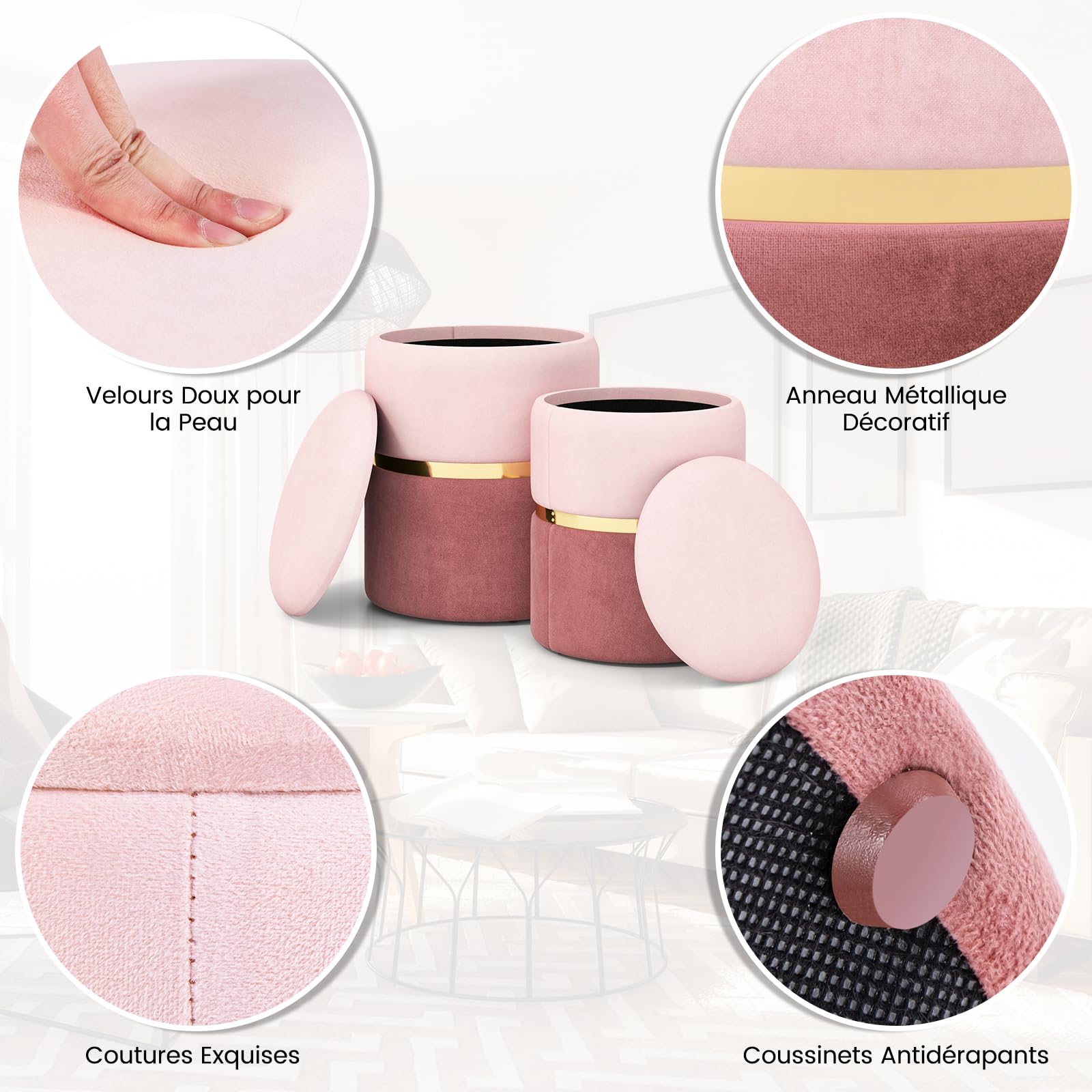 COSTWAY Lot de 2 Poufs Rangement en Tissu Lin, Pouf Coiffeuse Empilable, Garniture Argentée, Coussinets Antidérapants, Siège Rembourré, Tabouret Rond pour Coiffeuse Chambre Salon (Rose)