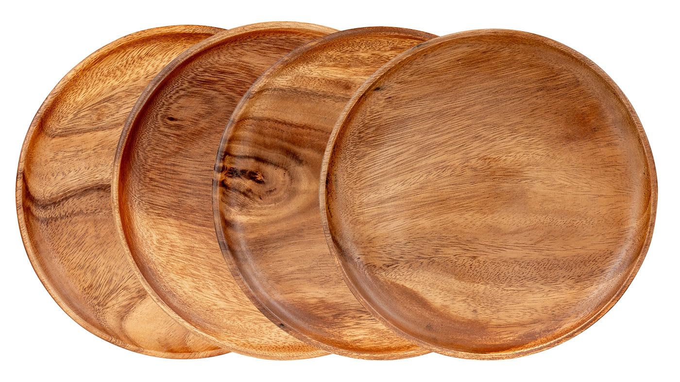 levandeo Set di 4 piatti rotondi in legno di acacia, diametro 25 cm, piatti in legno di acacia, fatti a mano, decorazione unica da tavolo