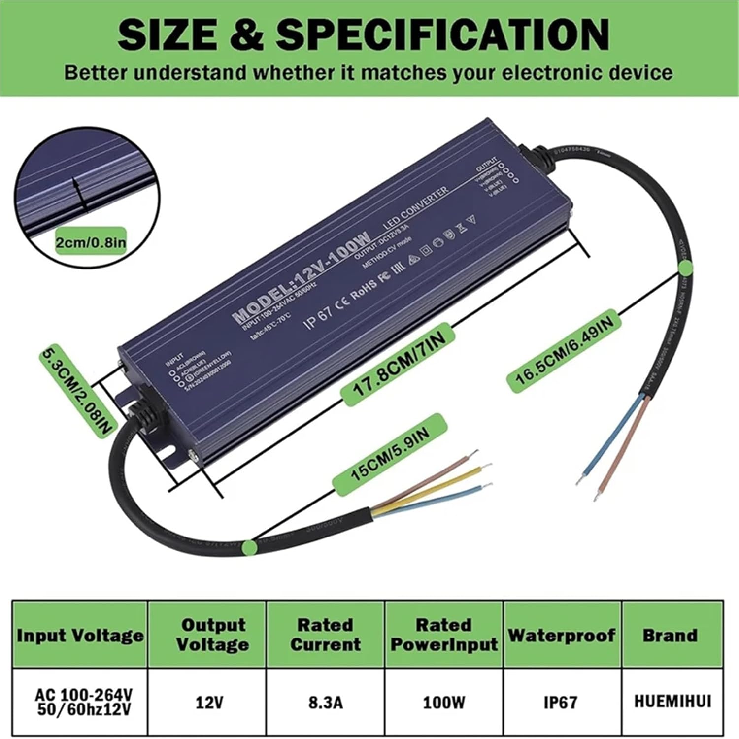 A76X-12V LED Driver IP67 Waterproof 12V 100W Power Supply Transformer 100-264V AC to 12Volt DC Low Voltage Output,for Light