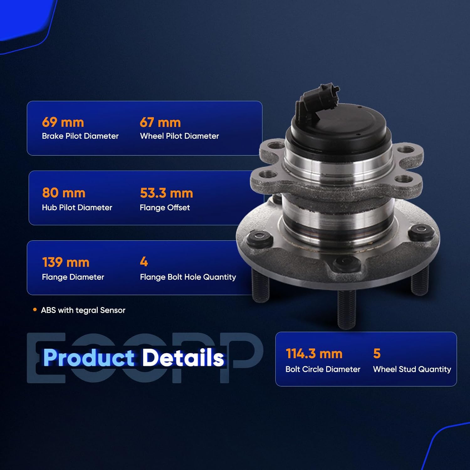ECCPP Wheel Hub and Bearing Assembly Front 513343 fit for Hyundai Genesis Coupe 2010-2016 5 Lugs Wheel Bearing Hubs with ABS 1pc