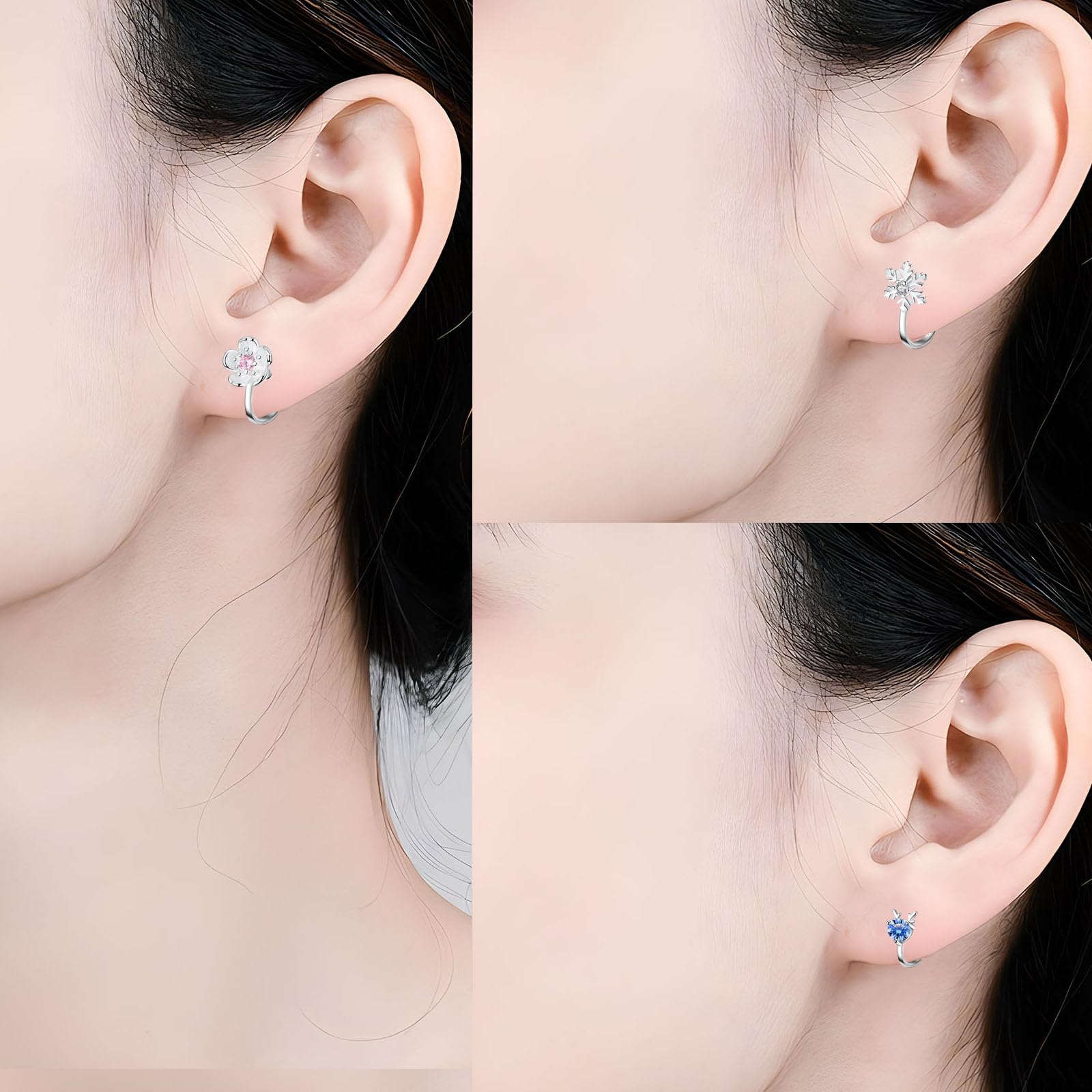 3 Paia Orecchini Clip per Donna Bambina Zirconi Orecchini Fiore e Fiocco di Neve Argento Ear Cuff Fiore Orecchino Senza Buco Piccoli Finti Orecchino in Argento 925 Donna Brillante Anallergici