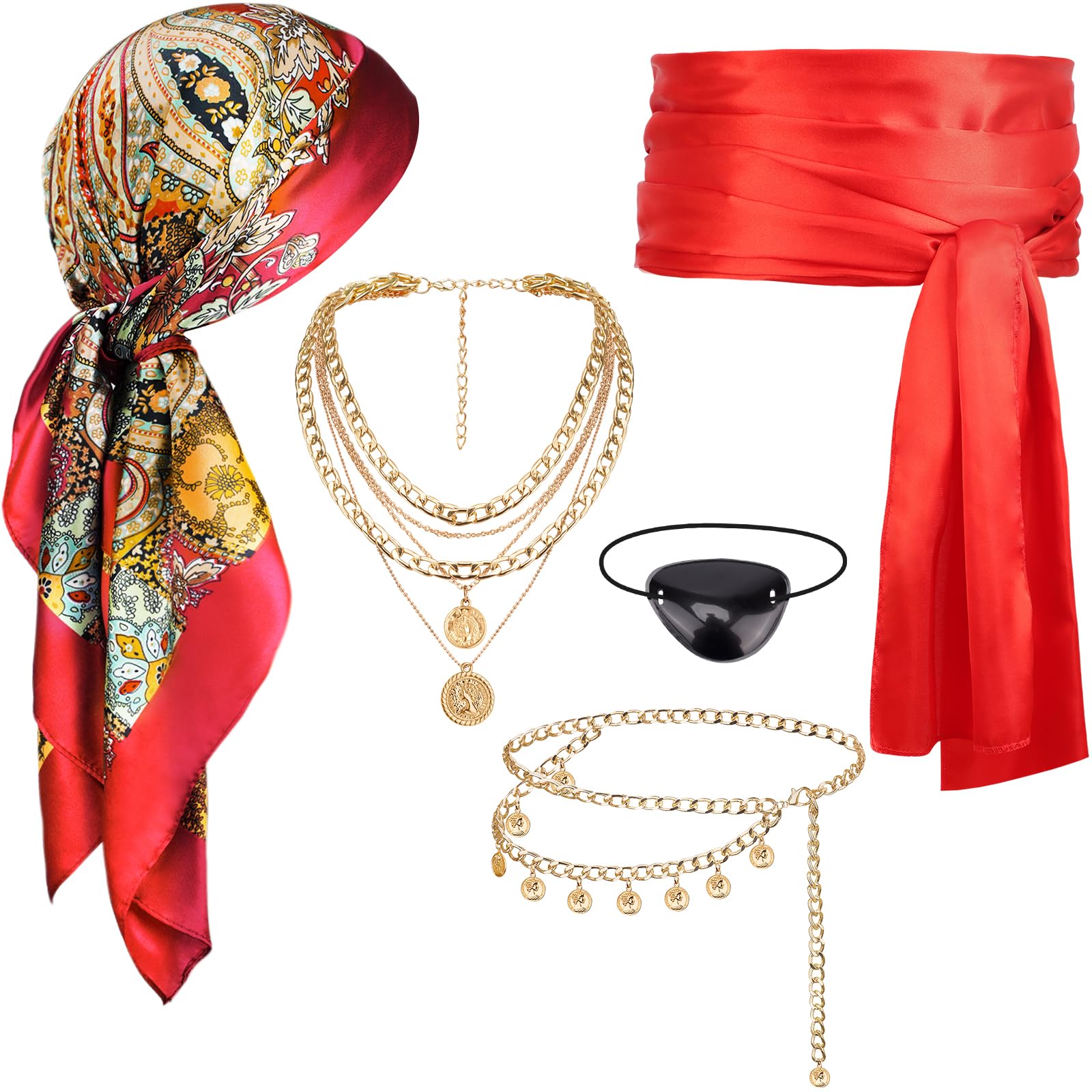 DRESHOW Pirate Costume Accessories Women Men Head Scarf Necklace Sash Belt and Pirate Jewelry Set for Halloween Cosplay Party