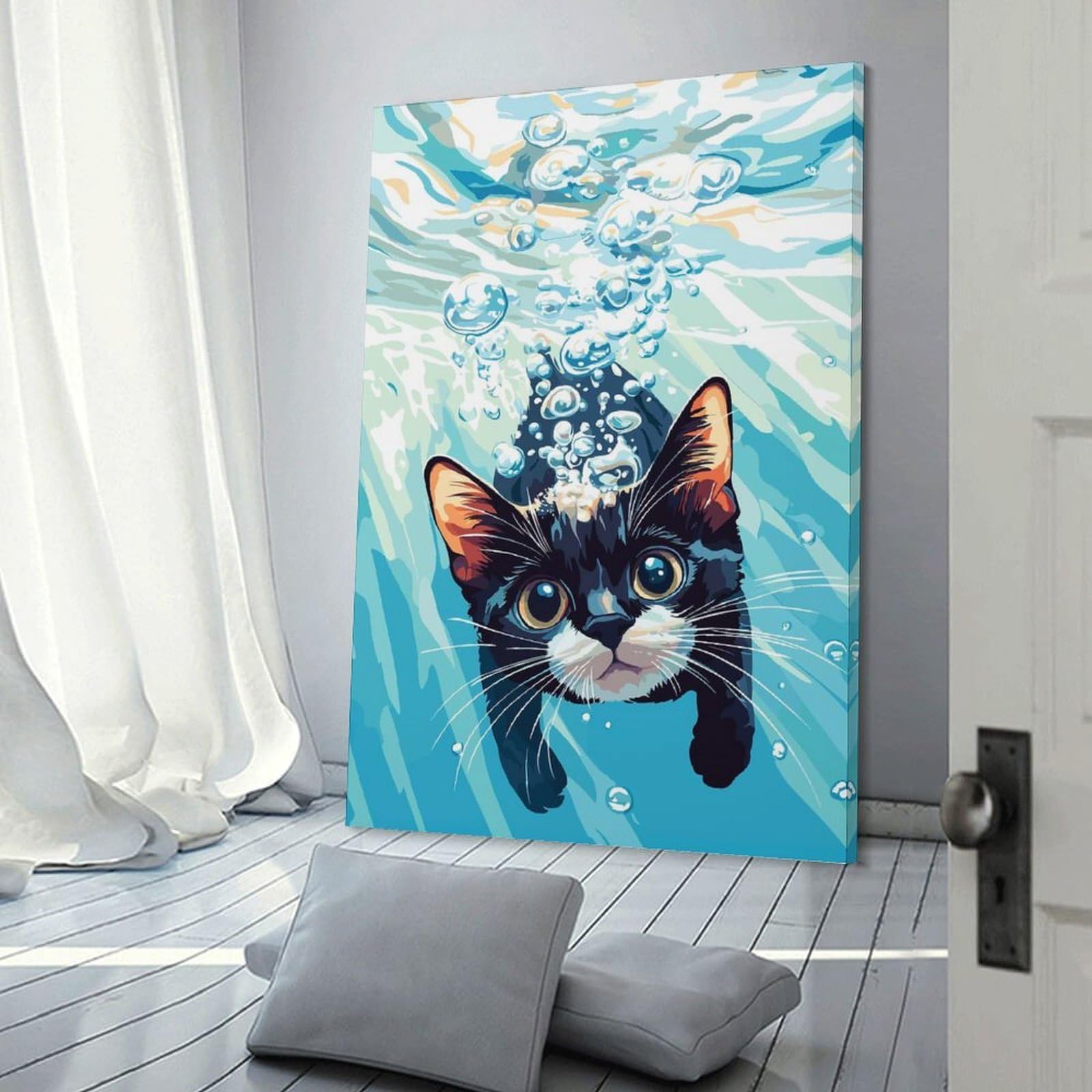 Junmoney Frame-Style-10 Canvas Wall Decor Cat Underwater With Bubbles Illustration, 24X36inch(60X90cm), For Home Lounge, Bedroom Or Reading Nook, Eye Catching Artwork For Blank Walls