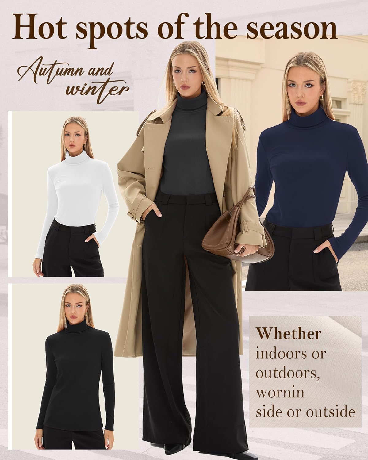 Oakgarden 4 Pack Women's Turtleneck Tops Ribbed Long Sleeve Thermal Shirts Cotton Slim Fitted Base Layer Thermal Underwear
