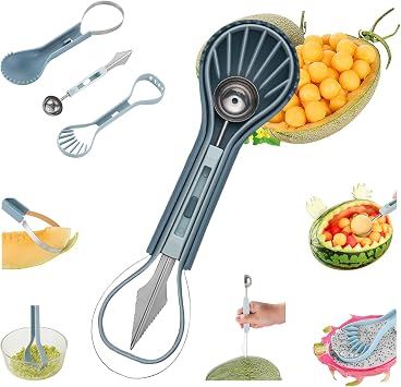6-in-1 Melon Fork Slicer Cutter, Melon Baller Scoop Set, Watermelon Slicer Tool, Stainless Steel Fruit Cutter, Seed Remover, Fruit Fork for Camping Kitchen Gadgets 6-in-1-blue
