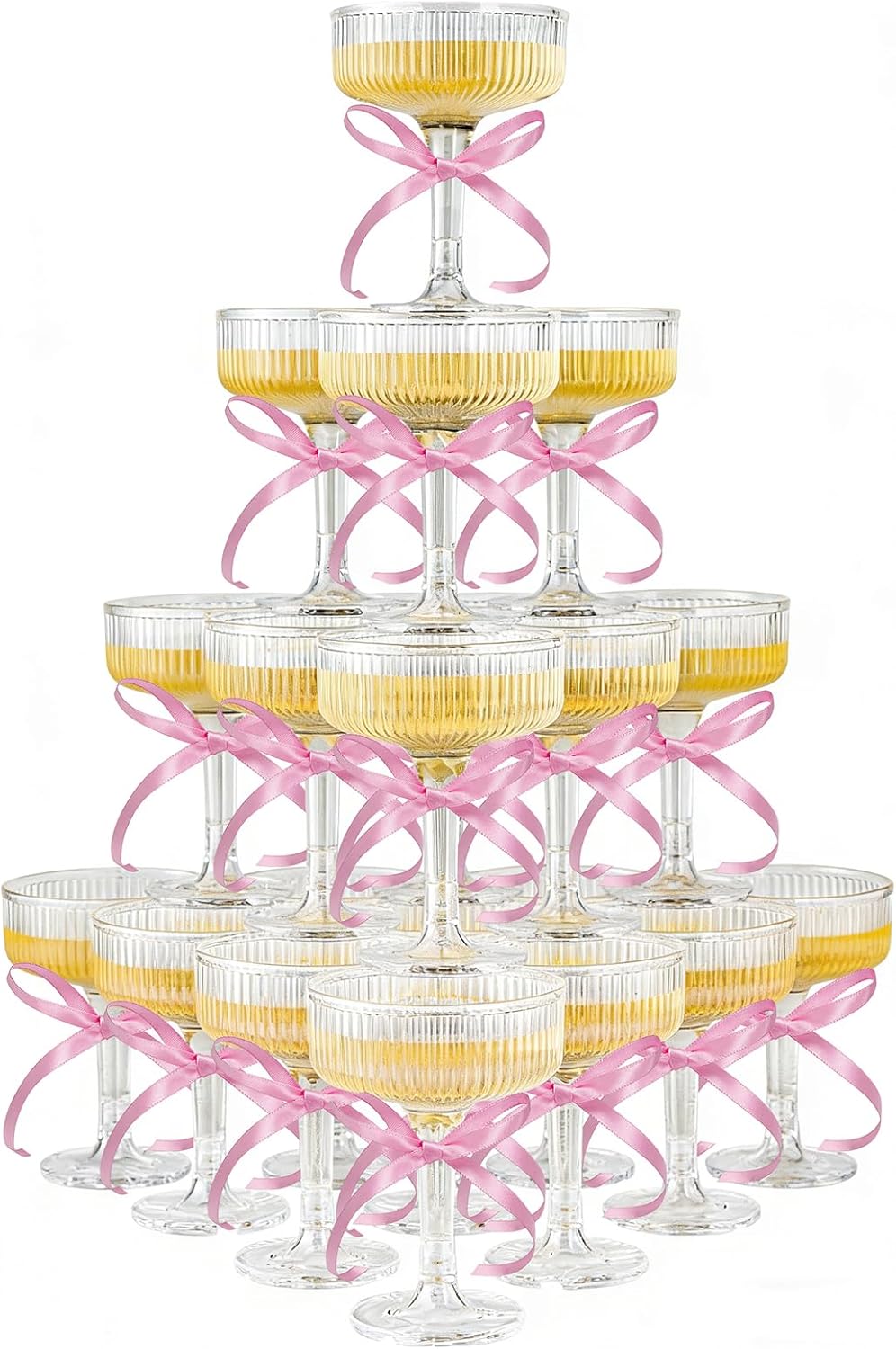 ACRYLIC Champagne Tower Set - 20 Pack 7oz Shatterproof Flutes + 25 Pink Bows & 30 Dots, Stackable Plastic Coupe Glasses for Wedding Decor, Party Supplies