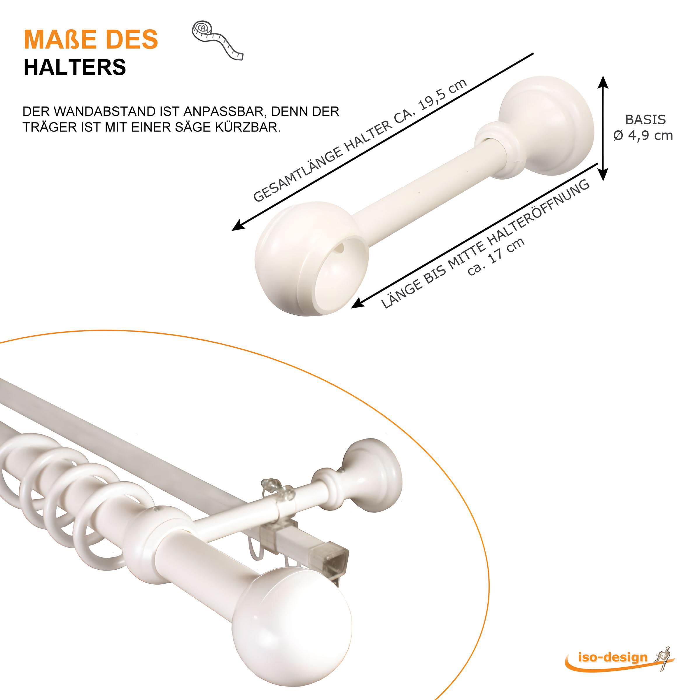 iso-design Gardinenstangen weiß 2-läufig mit U-Storelauf aus Metall und Kunststoff mit 28 mm Durchmesser Endstück Kugel, Gardinenstange mit U-Schiene, 320 cm (mittig geteilt)