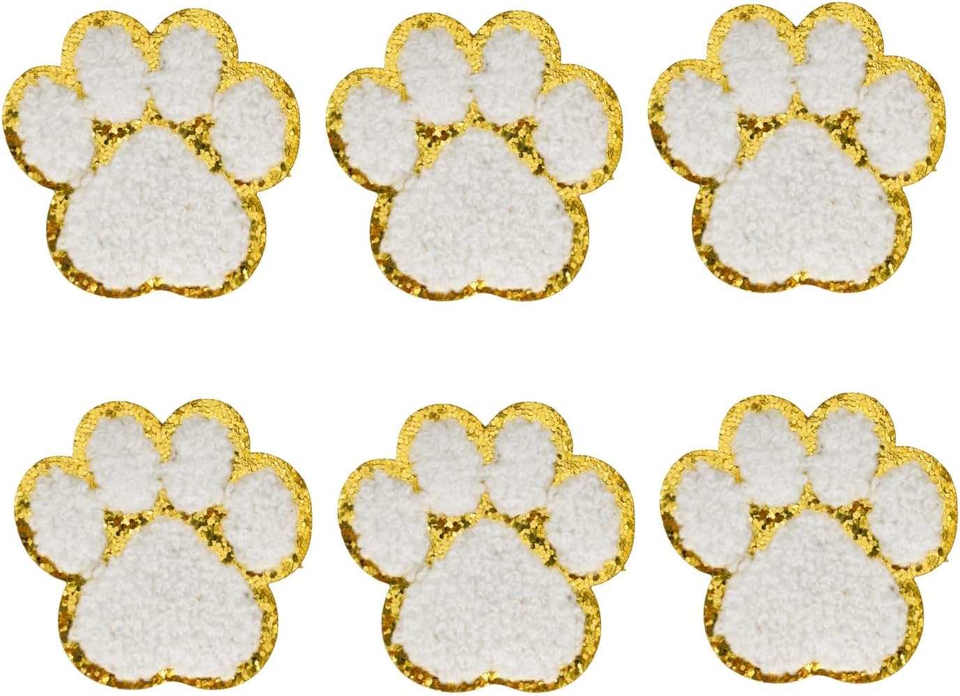 6Pcs Paw Print Chenille Patches, Self-Adhesive Pet-Themed Patches for Clothing, Hats, Bags, Soft Chenille with Gold Glitter Border for Pet Lovers & Teams (White)