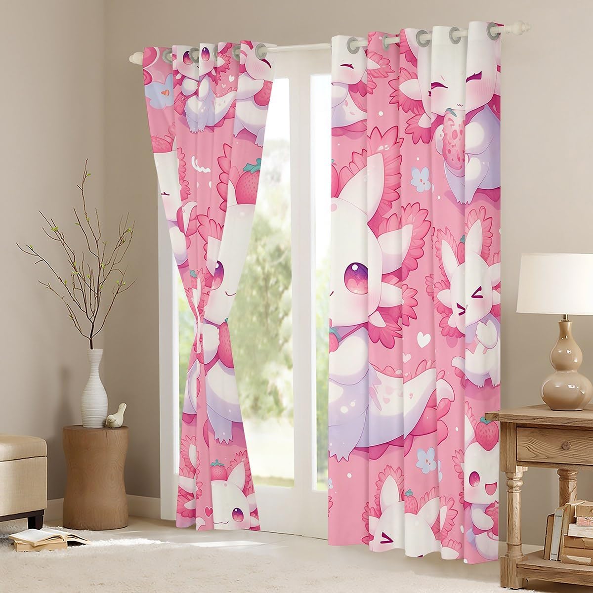Feelyou Cute Axolotl Curtains Pink Axolotl Strawberry Window Drapes Treatments for Kids Boys Girls Ocean Animal Window Drapes Kawaii Salamander Window Treatments, 38W X 54L,2 Panels