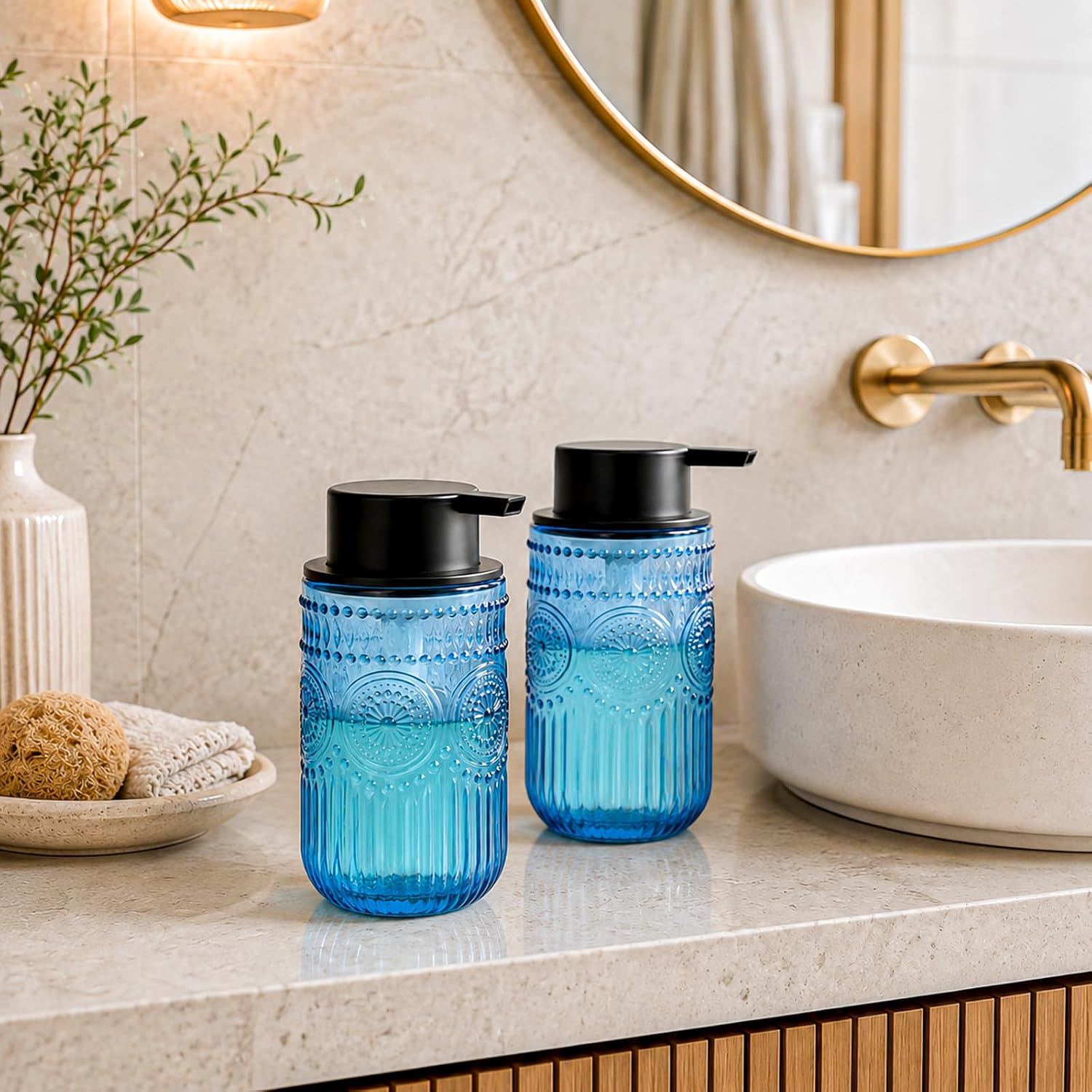Refillable Foam Soap Dispenser Set of 2, Foaming Hand Soap Dispenser for Bathroom,Kitchen, Glass Foaming Soap Dispenser, Modern Home Decor 13.8 oz