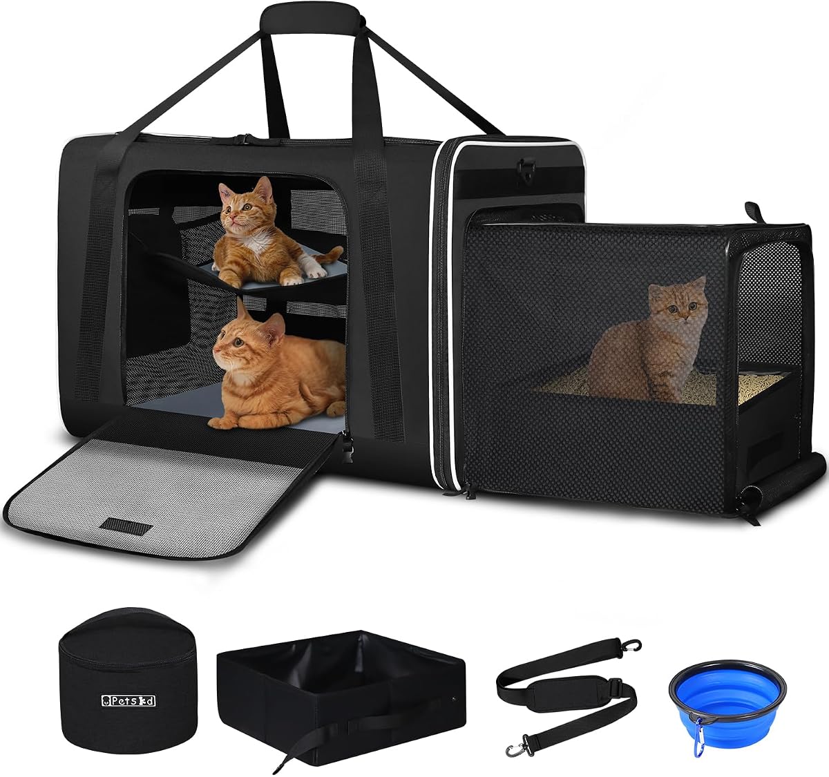 Side Expandable Extra Large Cat Carrier with Litter Box, Black | 24"x17"x17", Lockable Safety Zippers and Seat Anchors, for Car Travel, for 1 Medium-Large Cat or 2 Small Cats Under 55 lbs
