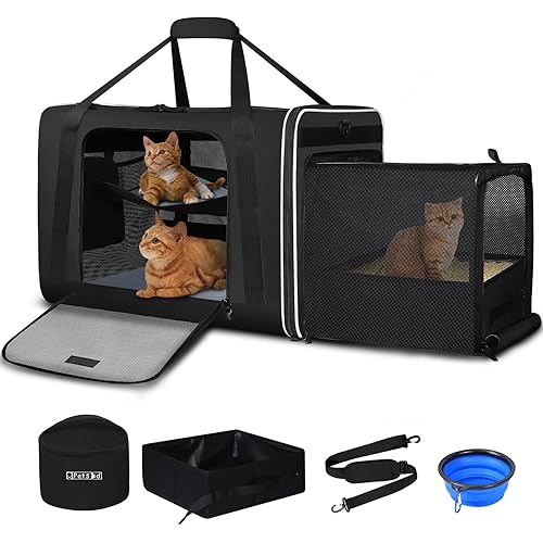 Petskd Side Expandable Extra Large Cat Carrier with Litter Box Area, 24"x17"x17" Soft-Sided Pet Carrier for 2 Cats Under 55 lbs with Zipper Locks for Car Travel(Black)