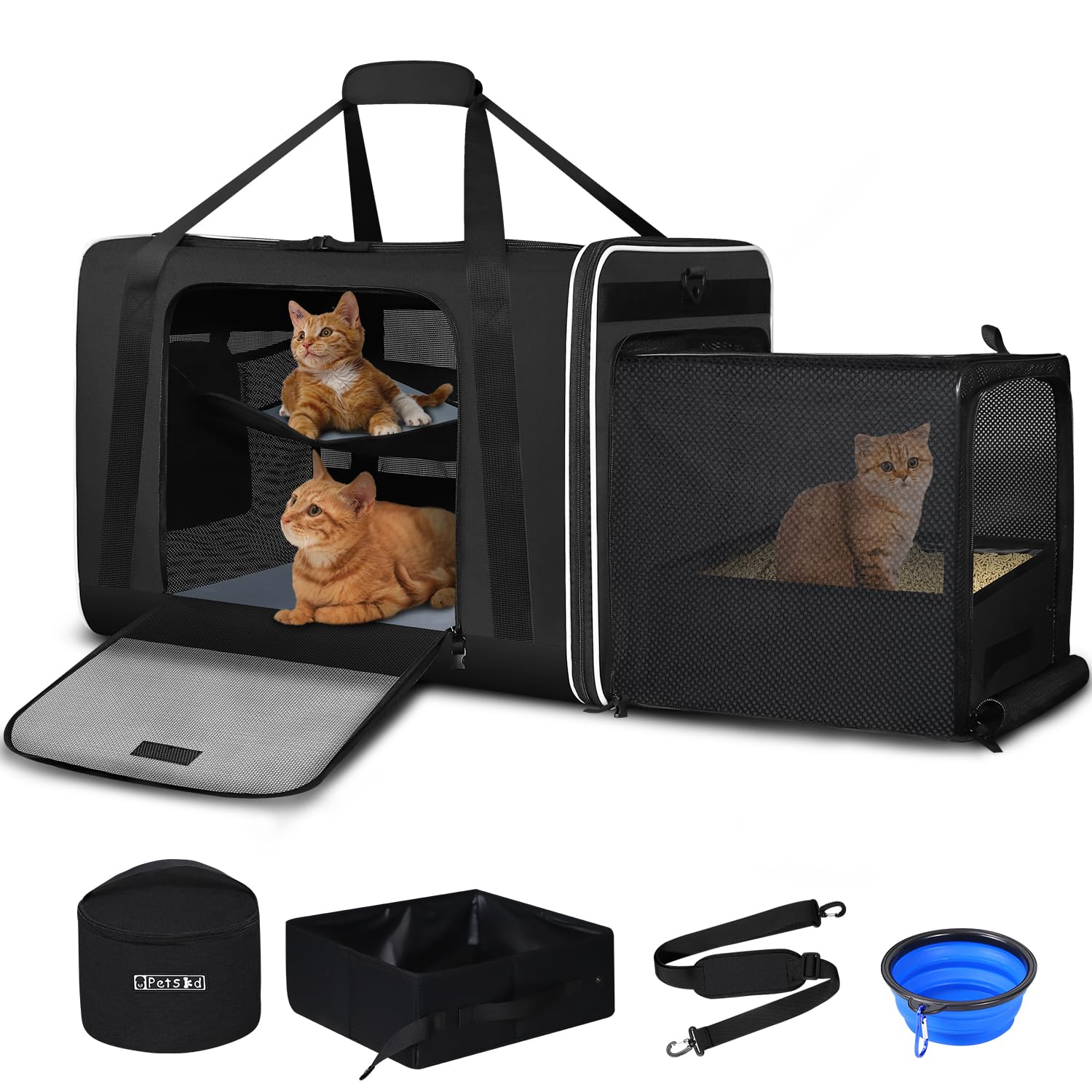 Petskd Side Expandable Extra Large Cat Carrier with Litter Box Area, 24"x17"x17" Soft-Sided Pet Carrier for 2 Cats Under 55 lbs with Zipper Locks for Car Travel(Black)