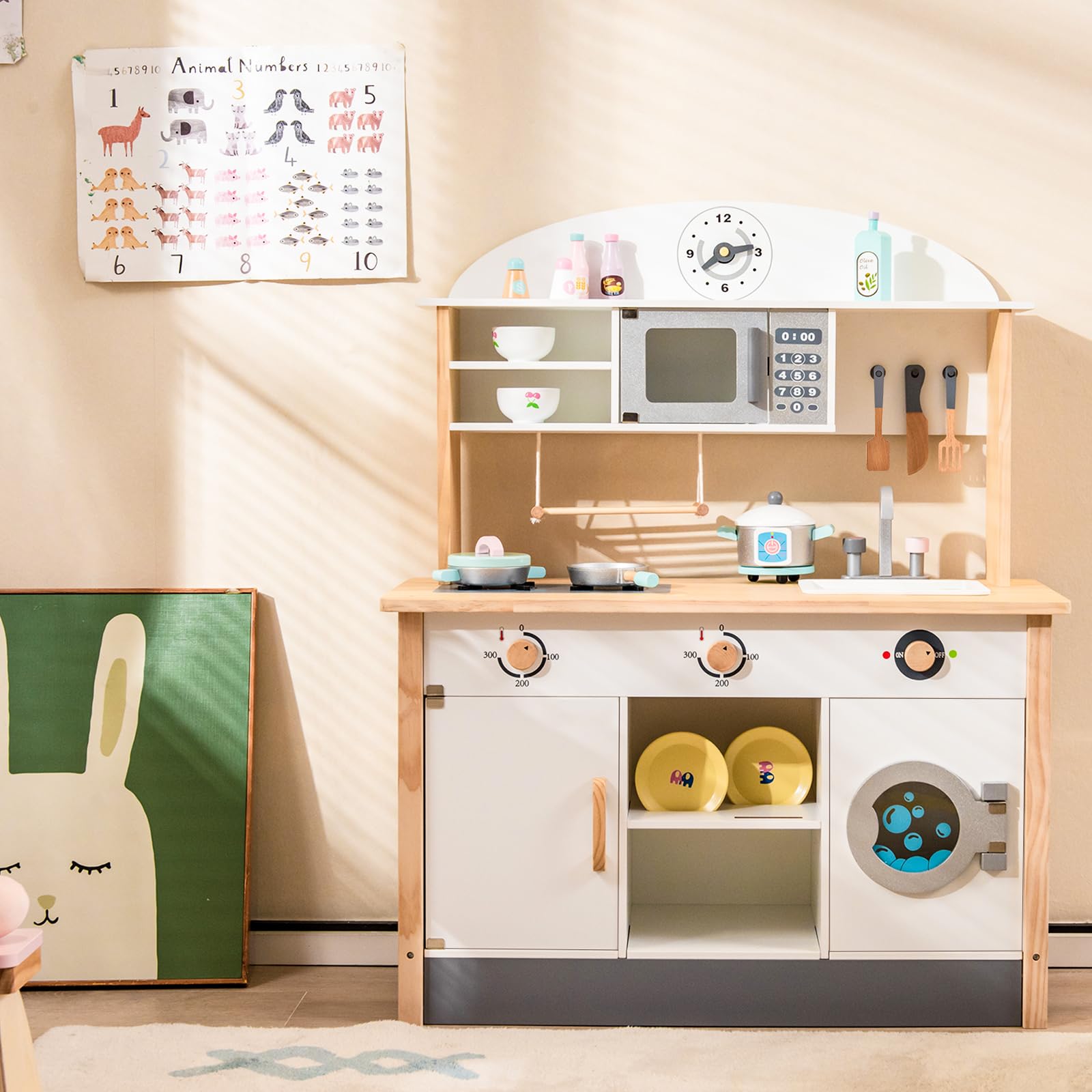 HOMASIS Cucina Legno per Bambini con Grembiule e Cappello da Cuoco, Cucinetta per Bambini Legno, Cucina Giocattolo per 3+ Anni, 79,5 x 35,5 x 98 cm