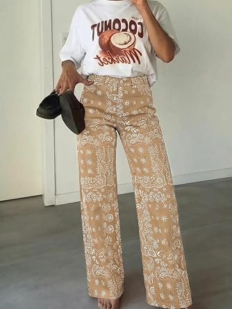 Tankaneo Womens Boyfriend Baggy Jeans Boho Wide Leg High Waist Denim Pants