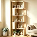 5-Tier L-Shaped Corner Bookshelf, étagère d'affichage autonome avec baffles, rack de stockage moderne en bois massif pour petit Space, Maison Bureau, Salon, Chambre, Naturel
