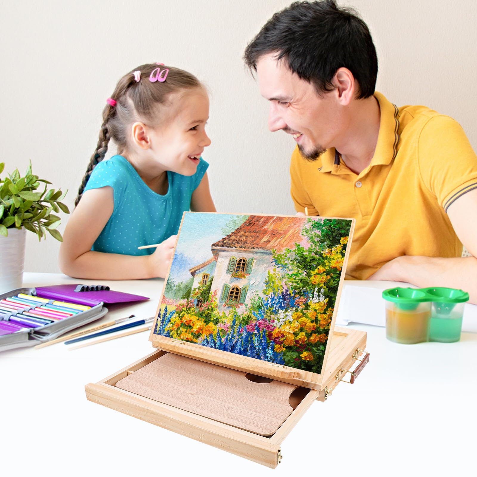 Kichvoe Caballete de Pintura de Madera, Caballete de Madera Plegable Portátil con Cajón, Verde, para Pintar y Exhibir Cuadros en Sobremesa