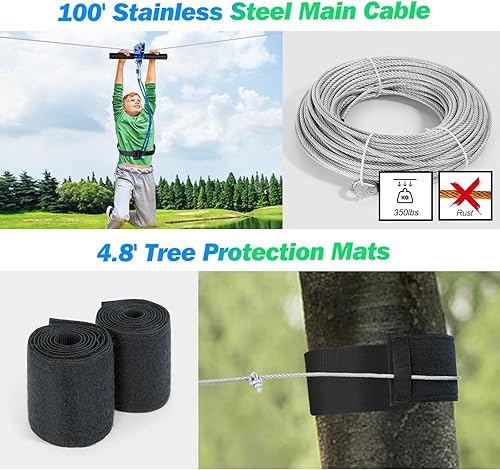 Miniatura 7 de JOYLDIAS Kits de tirolesa de 118 pies para patio trasero con cuerda y asiento mejorados, tirolesas para niños y adultos con freno de resorte, arnés