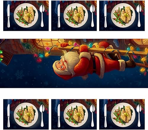 Miniatura 99 de Juego de manteles individuales y camino de mesa de muñeco de nieve y árbol de Navidad, 7 piezas (1 camino de mesa + 6 manteles individuales), diseño