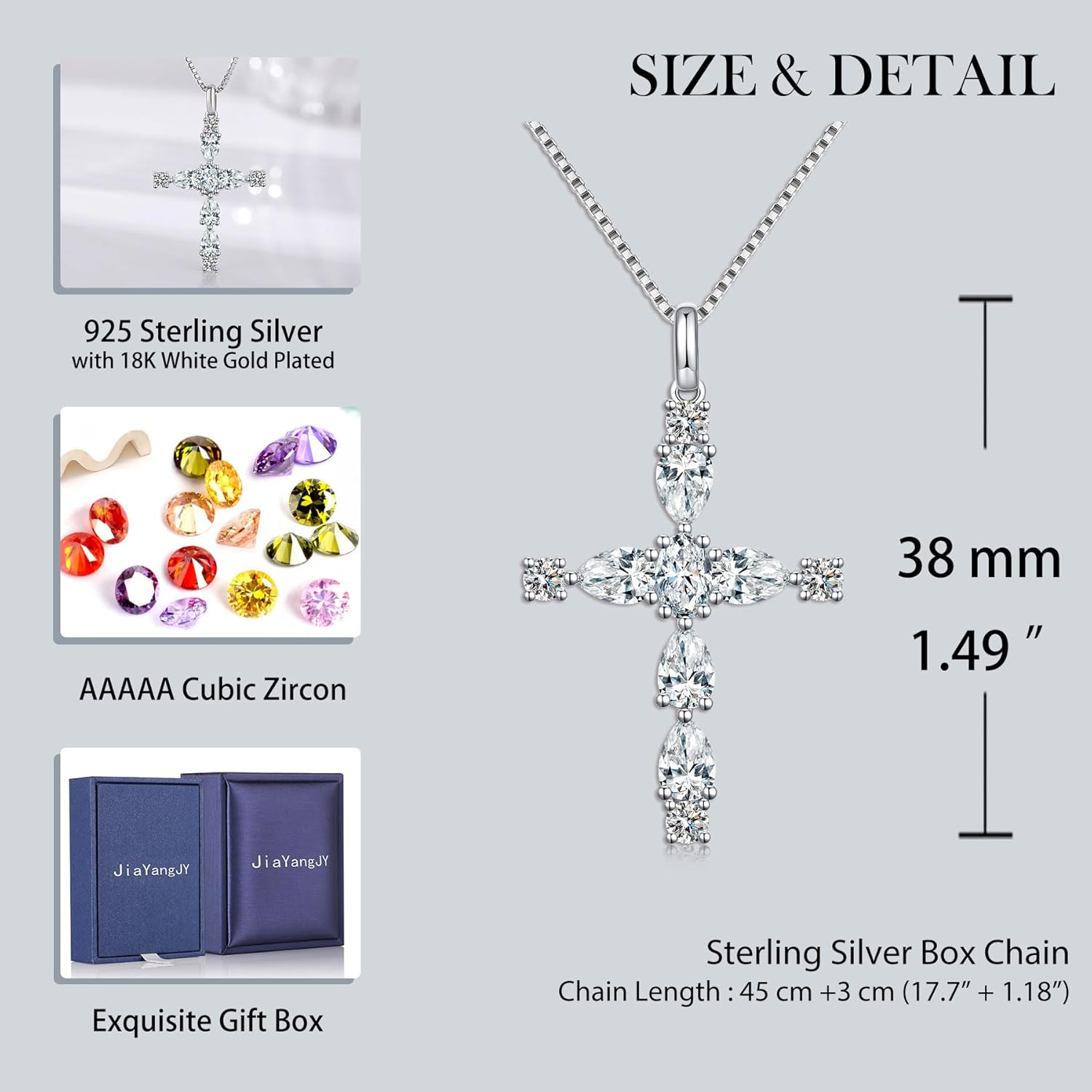 Cubic Zirconia Cross Necklace for Women 925 Sterling Silver Imitation Diamond Birthstone Cross Pendant Necklace Christians Religious Jewelry - Image 5