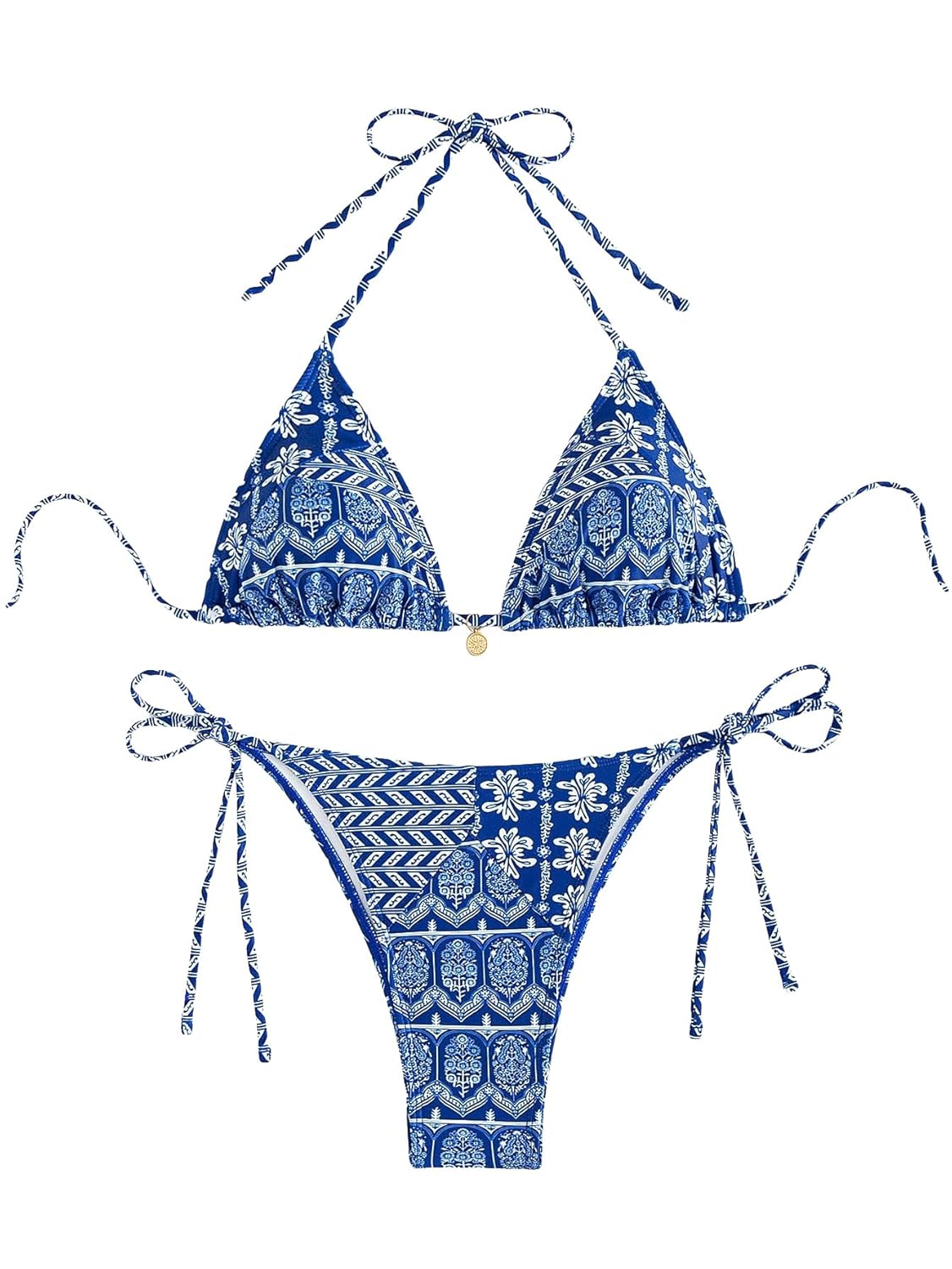 WDIRARA Womens 2 Piece Floral Print Swimsuits Geometric Halter String Triangle Bikini Set Beach Bathing Suit