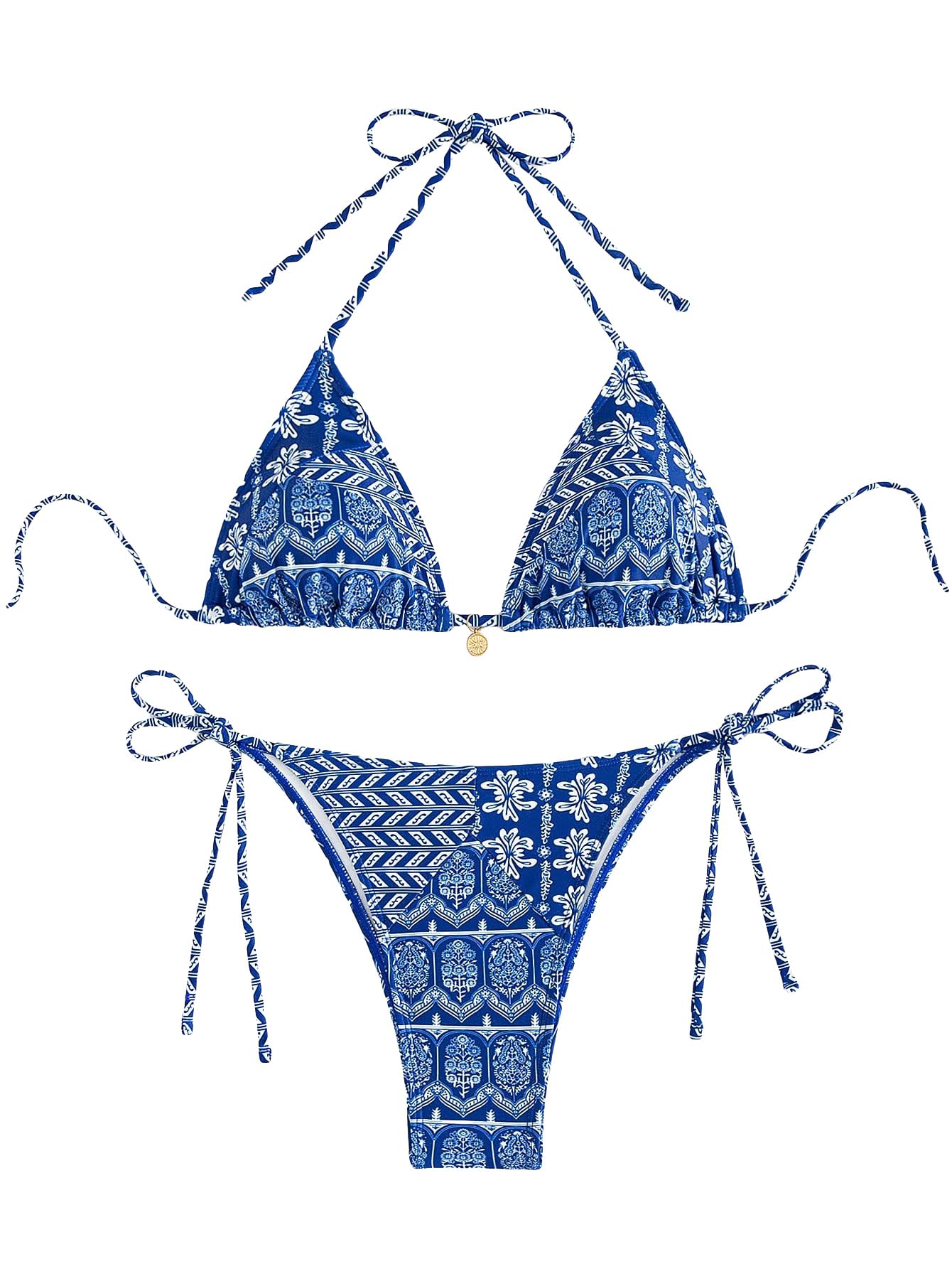 WDIRARA Womens 2 Piece Floral Print Swimsuits Geometric Halter String Triangle Bikini Set Beach Bathing Suit