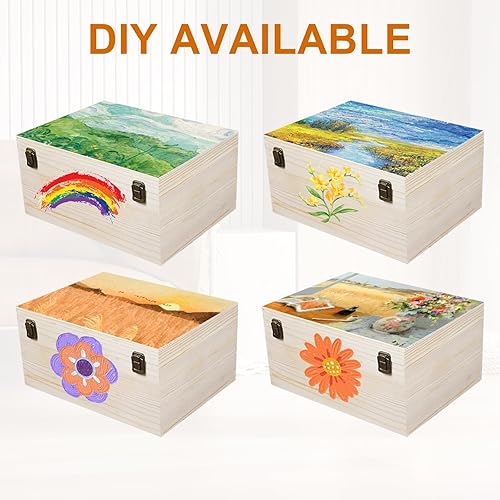 Miniatura 4 de Caja de madera sin terminar, cajas de madera natural de 12 x 9 x 5 pulgadas, caja grande de madera con tapa con bisagras y cierre frontal, cajas de