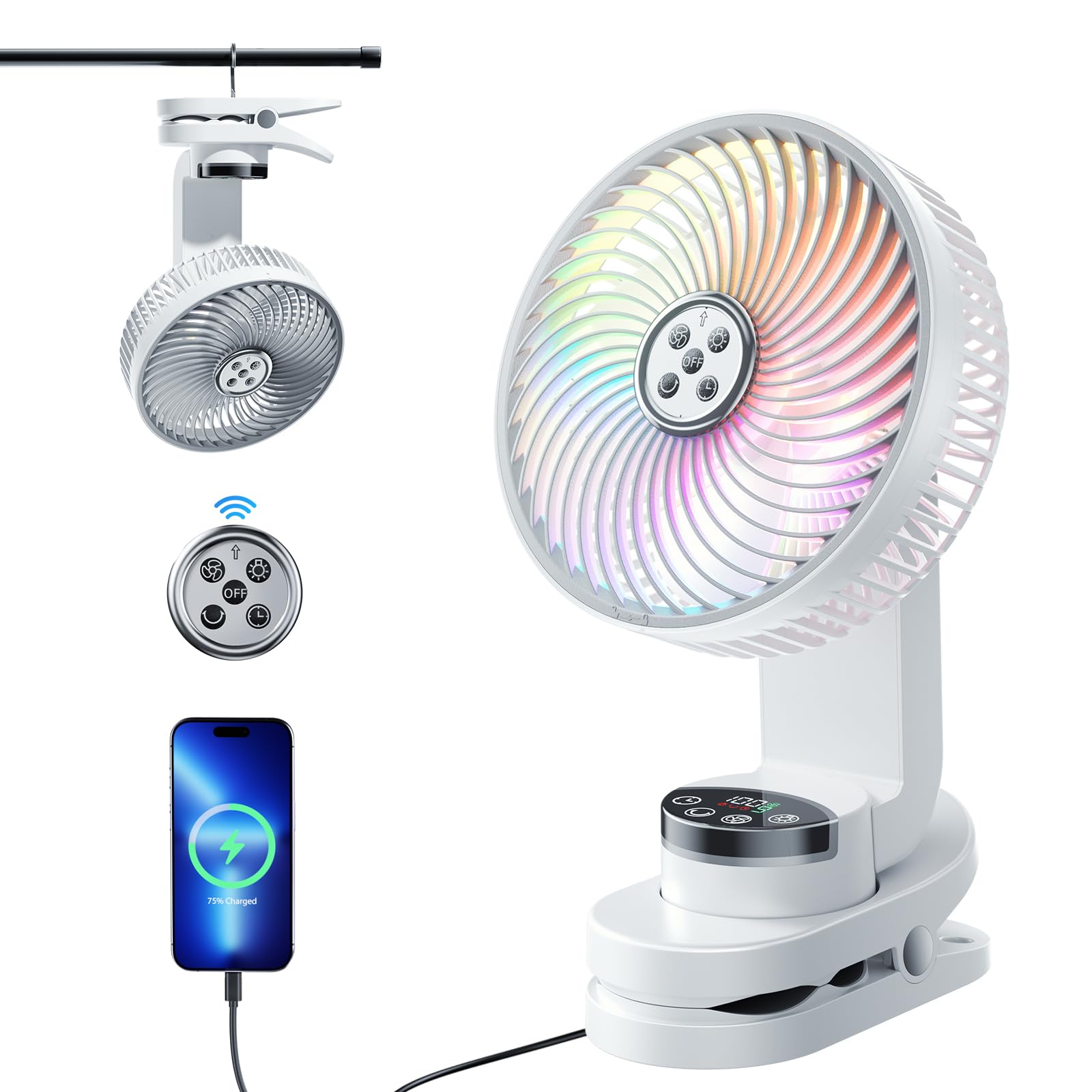 Clip On Fan,8-Inch Clip Fan with Night Light,10000mAh Clip On Desk Fan,Rechargeable Portable Fan with Hook,Camping Fan,Table Fan (White)
