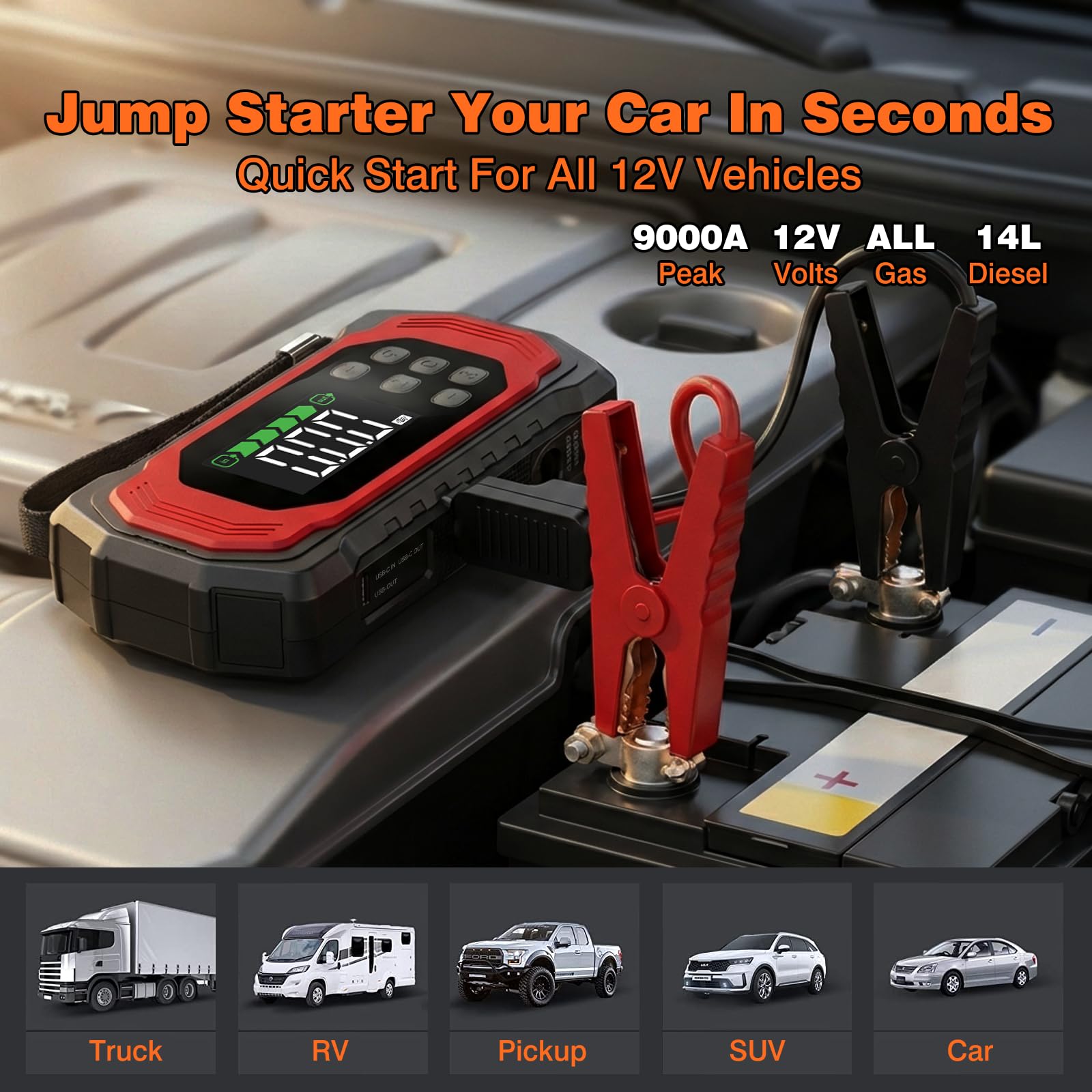 9000A Starthilfe Powerbank mit 150PSI Kompressor, 9-in-1 Booster Auto Starthilfe (alle Benzin und 14L Diesel), 12V Jump Starter mit Elektrische Luftpumpe/Vakuumpumpe, 30W Schnellladung