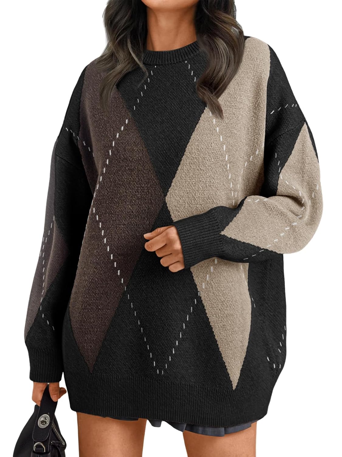 Trendy Queen Womens Color Block Argyle Plaid Oversized Chunky Knit Crewneck Sweaters 2025