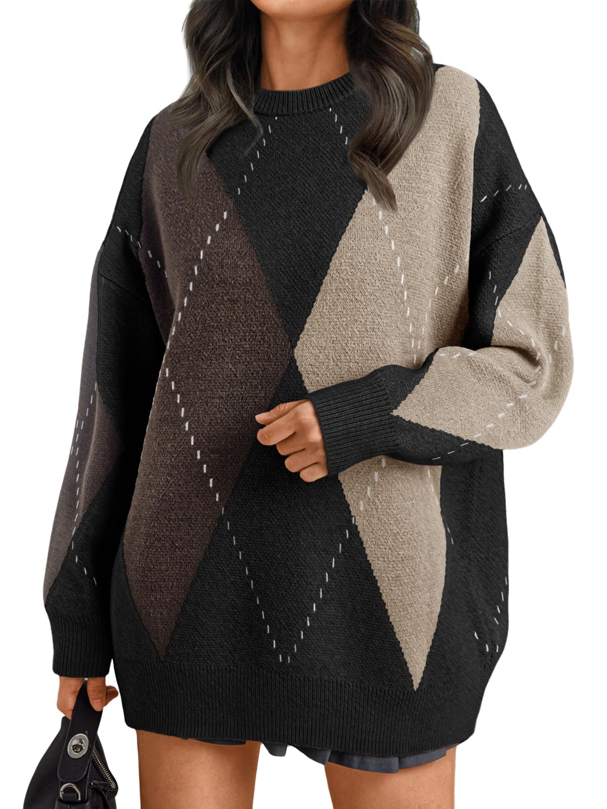 Trendy Queen Women's Color Block Argyle Plaid Oversized Chunky Knit Crewneck Sweaters 2025