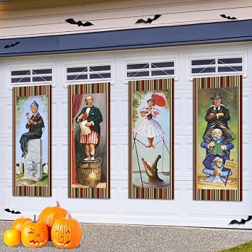 Halloween Decorations Large 4 PCS Haunted Mansion Stretching Portraits | Vintage Vinyl Haunted Mansion Backdrop Decor Outdoor Horror Poster for Home Wall Art Hanging Porch Sign Banner