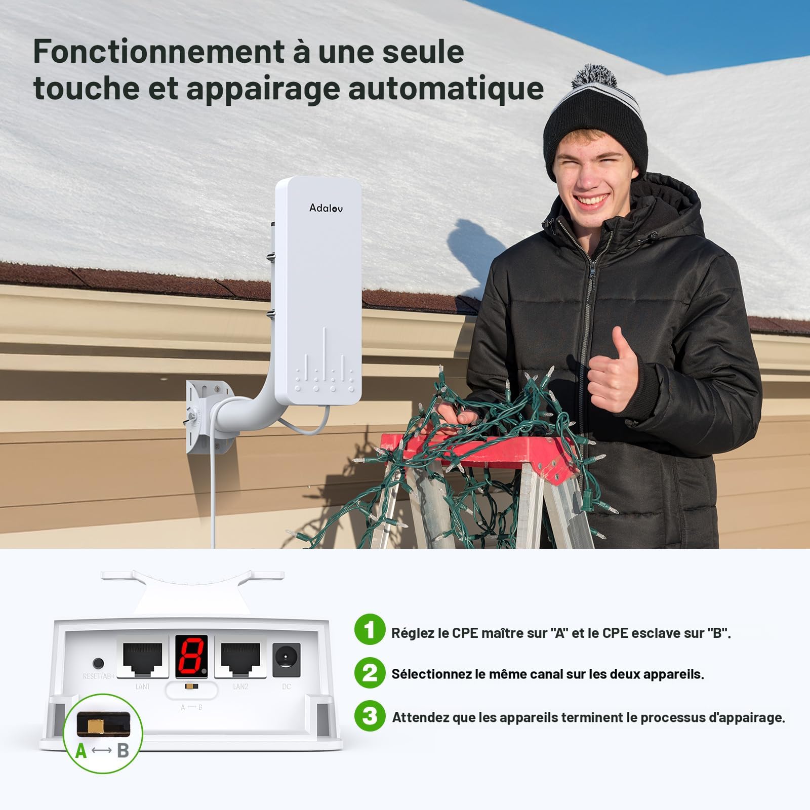 Kit Pont WiFi Extérieur 5.8G Adalov – Portée 3 Km, Antenne 14 DBi, PoE Inclus – Pour Relier Bâtiments, Caméras, Réseau - 2